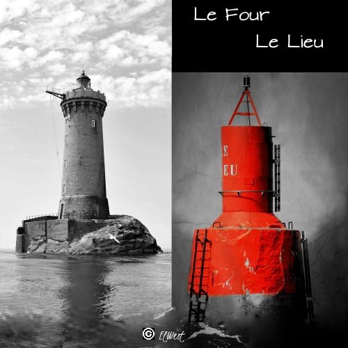 2 photos: Phare du Four et son reflet dans la mer, en noir & blanc à gauche & laBalise Le Lieu de Lanildut (29) en rouge disparu lors d'une tempête fin 2019 à droite.