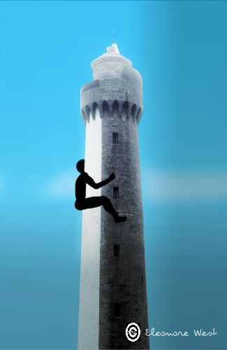 Honoré(e) a grimpé sur le phare de Trézien (Plouarzel- 29)et non loin du sommet l'enlace. Ciel bleu turquoise